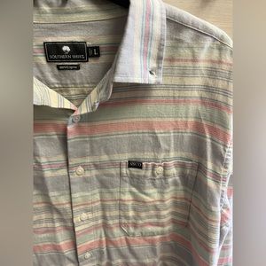 Southern Shirt Co. button up, cotton material, size L, pink, blue, + green